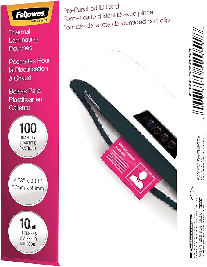 Fellowes, Hot Laminating Pouches, 10 Mil, ID Card, 100 per Pack (52051)