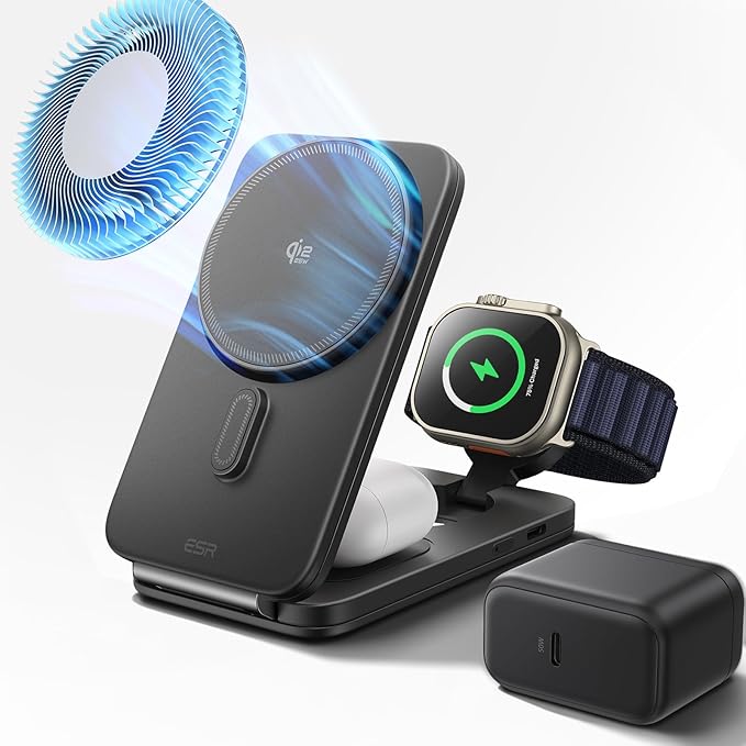 ESR 3 in 1 Charging Station for Apple, Qi2.2 25W MagSafe Charger with CryoBoost, Phone-Cooling Wireless Charging Station Foldable, for iPhone 17/16 with iOS 26(50W Adapter), AirPods, Apple Watch,Black