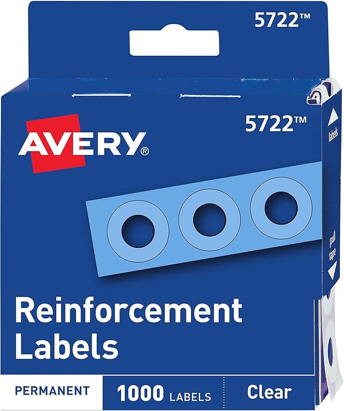 Avery Self-Adhesive Hole Reinforcement Stickers, 1/4" Diameter Hole Punch Reinforcement Labels, Clear, Non-Printable, 1,000 Labels Total (5722)
