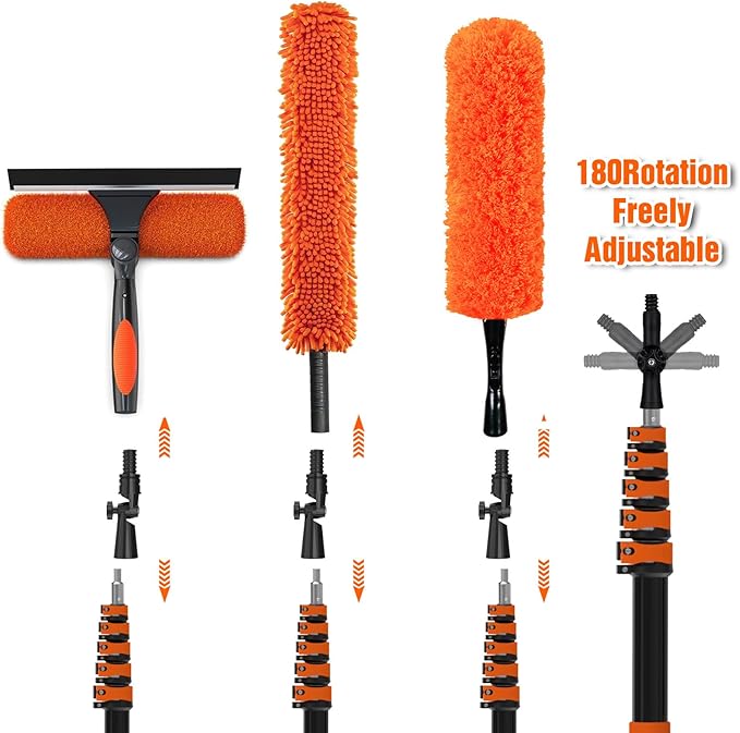 30FT High Ceiling Duster Kits with 5-24FT Telescoping Extension Pole - Fan Blade Cleaner, Cobweb Remover & Window Cleaning Kit, Washable Dust Brush for High Roof and Glass Surfaces