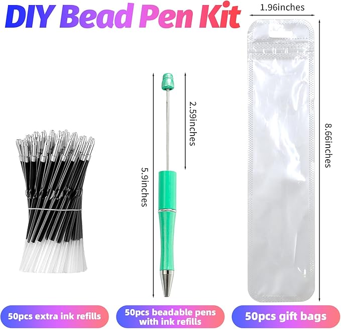 150 Pieces DIY Beadable Pen Kit – 50 Plastic Ballpoint Pens with Refills & Bags – School Supplies, Office Accessories & Decorative Items for Students & Teachers (Cyan)