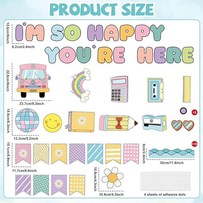 Groovy Back to School Bulletin Board for Classroom Decoration I'm So Happy You're Boho Retro Here Hippie Bulletin Board Set Rainbow Cutouts Daisy DIY Photo for Chalkboard Wall Teacher Decor
