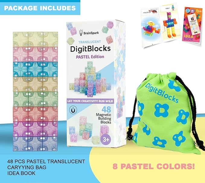 48PCS Pastel Translucent DigitBlocks Magnetic Building Blocks for Kids Montessori STEM Toys for Boys Girls Ages 3-9 Includes Carrying Bag Idea Book Clear Magnet Cubes for Educational Learning Fun