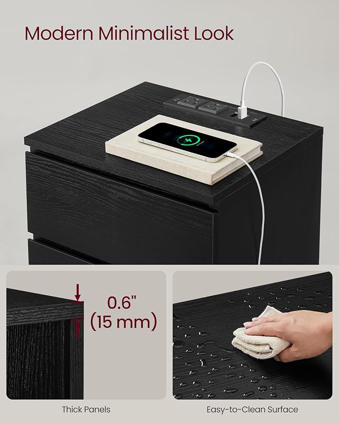 VASAGLE Nightstand with Charging Station, 2 AC Outlets and 2 USB Ports, Bedside Table, Side Table with 3 Drawers, Modern Style, 13.8 x 15.7 x 23.2 Inches, Ebony Black ULET631B58