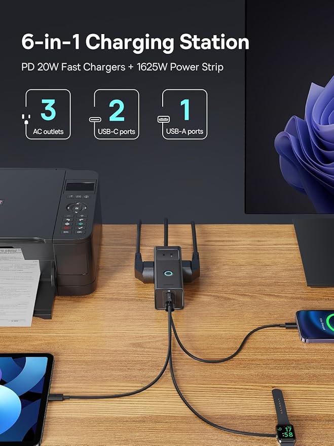 Baseus Power Strip PD20W USB C Charger Extension Cord with 3 AC Outlets & 3 USB Port Fast Charging Charging Station for Office Dorm Room Home