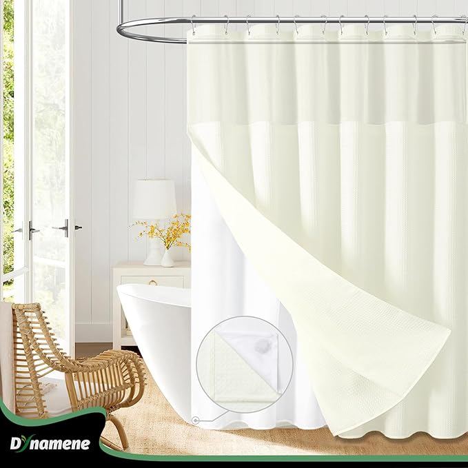 Dynamene Fabric Shower Curtain with Snap in Liner, Cream Waffle Hotel Shower Curtains for Bathroom, Washable Waterproof Cloth Shower Curtain Liner Set with Plastic Hook, Mesh Top Window, 72x72, Cream