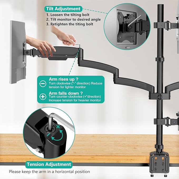 WALI Quad Monitor Mount for 13-27 inch Screens, Extra Tall 4 Monitors Desk Mount, up to 19.8lbs, 32.2 inch Height Max, Fully Adjustable Gas Spring 4 Monitor Stand, VESA 75/100mm (GSDM004S), Black