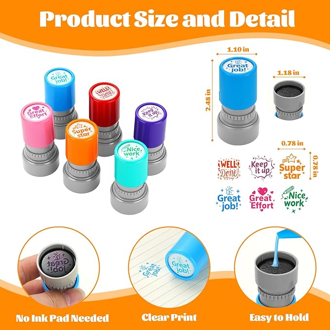 Teacher Stamps for Classroom Self Inking Rubber Great Job Stamp for Grading Homework Test Motivation Students Behavior School Homeschool Reward Supplies, Classroom Teacher Must Haves (6Pcs)