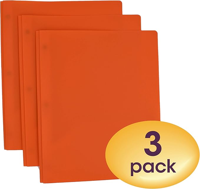 Smead Poly Two-Pocket Folder, Three-Hole Punch Prong Fasteners, Letter Size, Orange, 3 per Pack (87735)