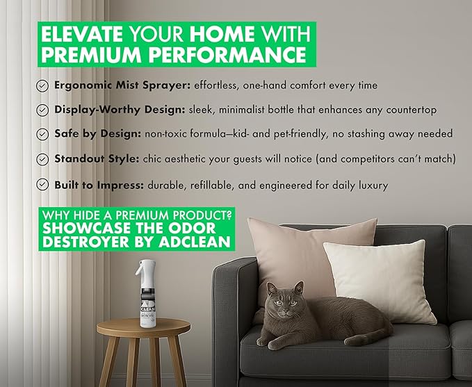 AdClean The Odor Destroyer l Odor Eliminator, No Scent, No Harsh Chemicals l Safe for Pets, People and the Planet l 10.14 fl oz Mist Spray