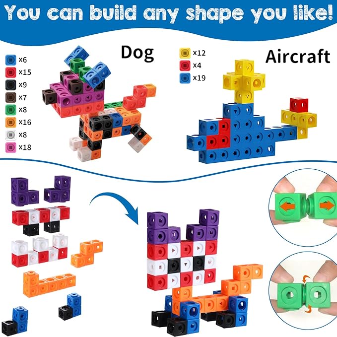 Libima 318 Pcs Math Counting Cubes Linking Counting Blocks with Stem Cards Building Block Linking Cube Connecting Manipulatives Preschool Math Counter Games Back to School Supplies