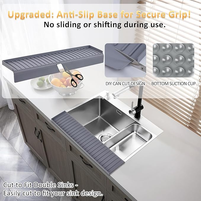 Sink Edge Protector with Suction Cup 14" 20" 24" 30", Silicone Sink Splash Guard for Kitchen & Bathroom, Protect Countertop from Scratches, Stains, for Stainless Steel Granite Quartz-Grey