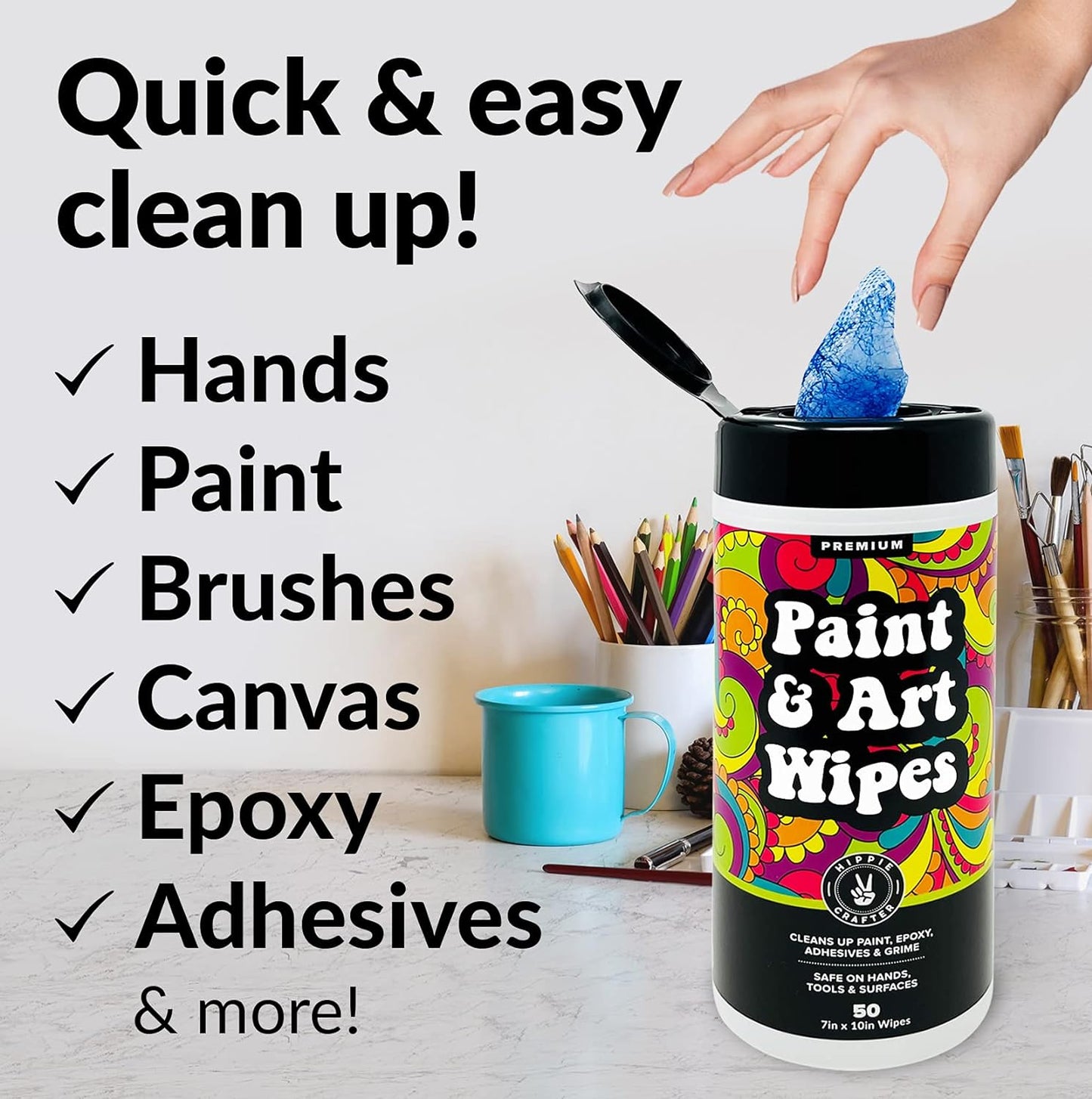 Paint and Art Wipes, Heavy-Duty Cleaner for Paint, Epoxy, Glue, Latex & Acrylic Stains, 1 Pack (50 Wipes), Safe for Hands, Brushes, Plastic, Metal, Wood & Floors
