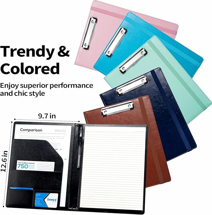Sooez Padfolio Clipboard, Portfolio Organizer with Notepad, Premium PU Leather Clipboard Folder for Legal Pad, Versatile Clipfolio with Storage, Letter Size Document Holder for School Office, Sky Blue