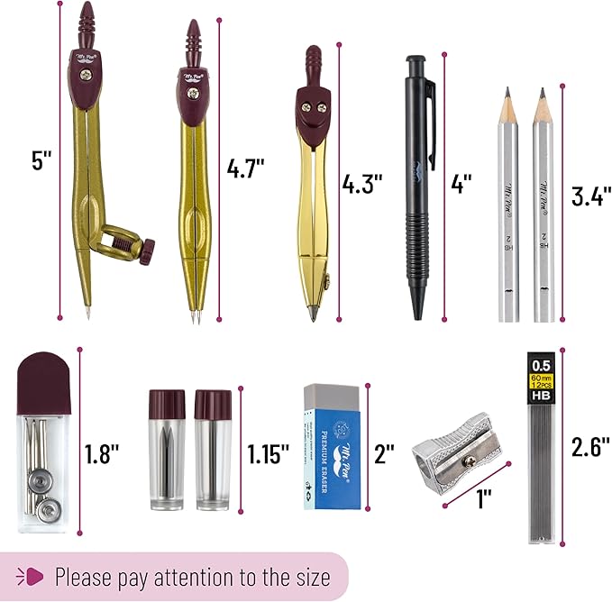 Mr. Pen- Geometry Set, 15 pcs, Gold, 6 Inch Swing Arm Protractor, Divider, Set Squares, Ruler, Compasses and Protractor