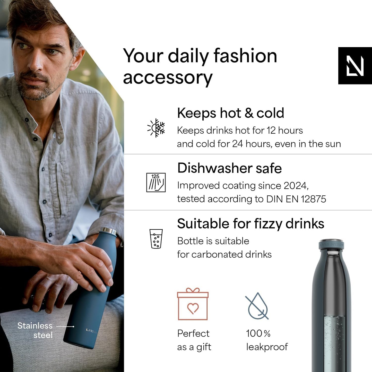 LARS NYSØM Stainless Steel Insulated Water Bottle 12oz 17oz 25oz 34oz 51oz | Insulated Thermo Flask for Hot and Cold Beverages | Leakproof Drinking Bottle (Stone Blue, 33.9oz)