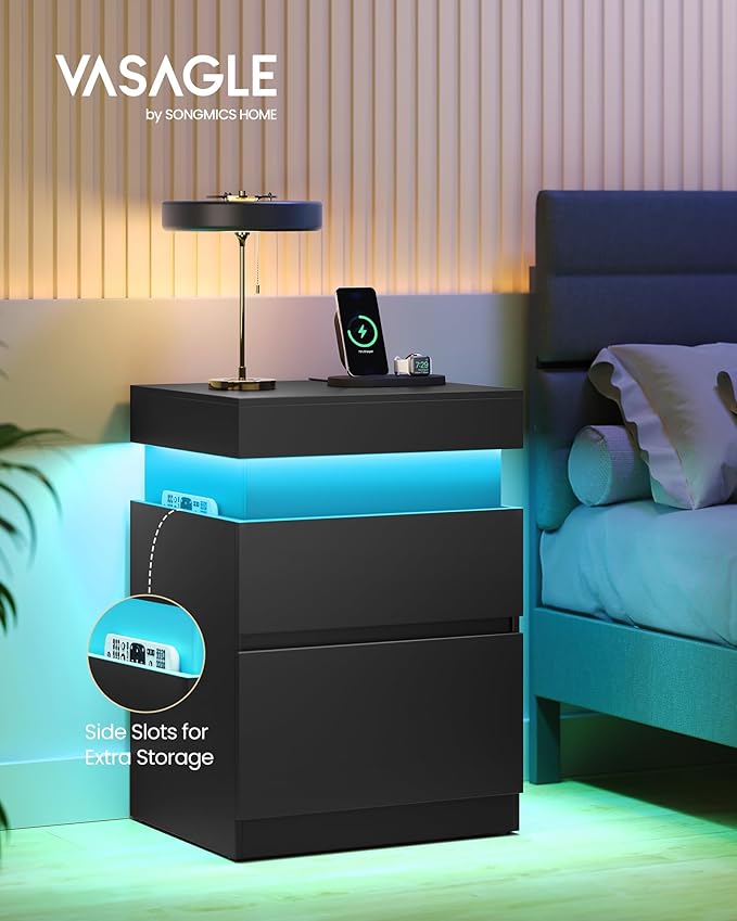 VASAGLE Kailyn Collection - Nightstands with Power Outlets, Sliding Lid, Modern Bedside Tables with LED Lights, End Tables, 2 Drawers, Set of 2, 15.7 x 18.9 x 26.8 Inches, Ink Black ULET650BC01S-2J