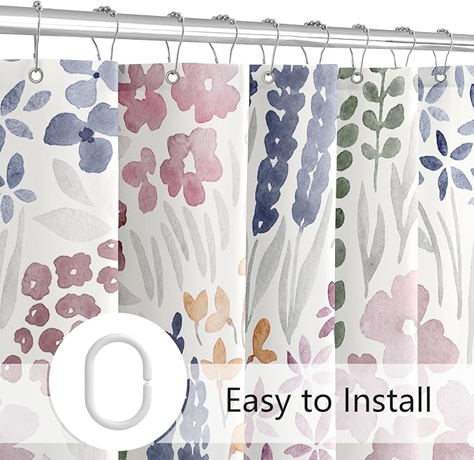 Cute Floral Shower Curtain 60x72, Mauve Boho Flower Fabric Shower Curtain, Funky Watercolor Wildflower Shower Curtain Set, Cottagecore Bohemian Bathroom Decor