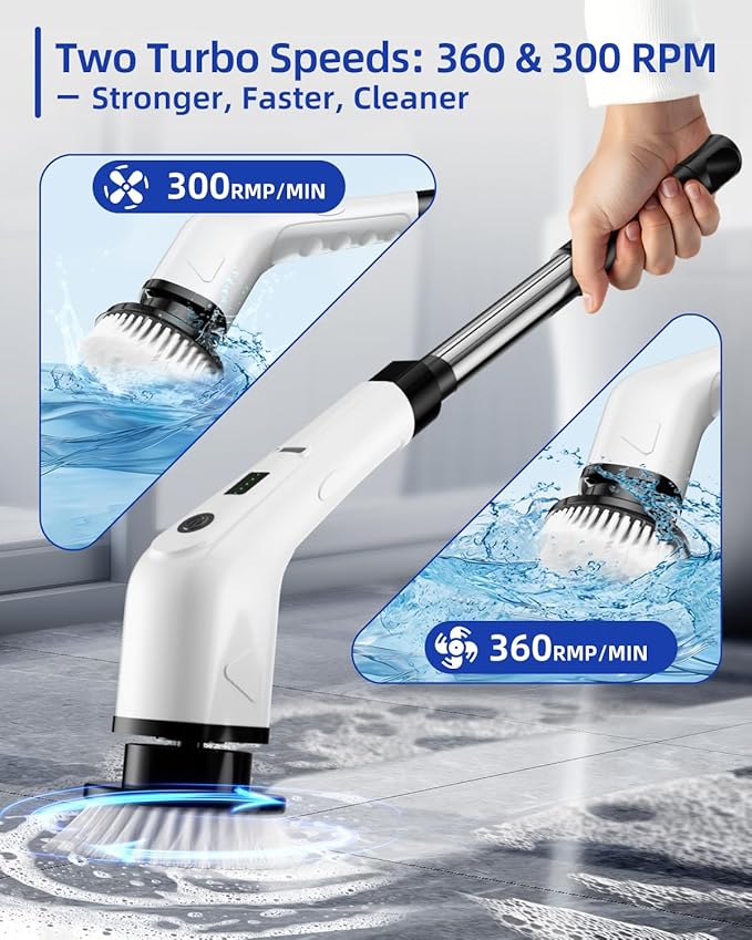 Electric Spin Scrubber with 6 Replacement Brush Heads, Cordless Dual Speed 360/300 RPM Cleaning Brush with 2500mAh Battery for Bathroom, Tub, Tile & Floor Cleaning