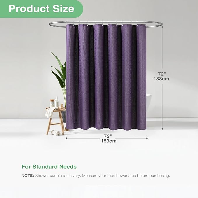 Dynamene Purple Fabric Shower Curtain - Waffle Textured Heavy Duty Cloth Shower Curtains for Bathroom, 256GSM Hotel Spa Luxury Weighted Polyester Bath Curtain Set with 12 Plastic Hooks(72Wx72H,Purple)