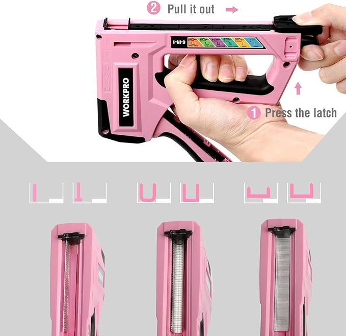 WORKPRO Pink Staple Gun, 6-in-1 Manual Brad Nailer with 4000-Pieces Staples for Fixing Material, Carpentry, Upholstery, Furniture and DIY - Pink Ribbon