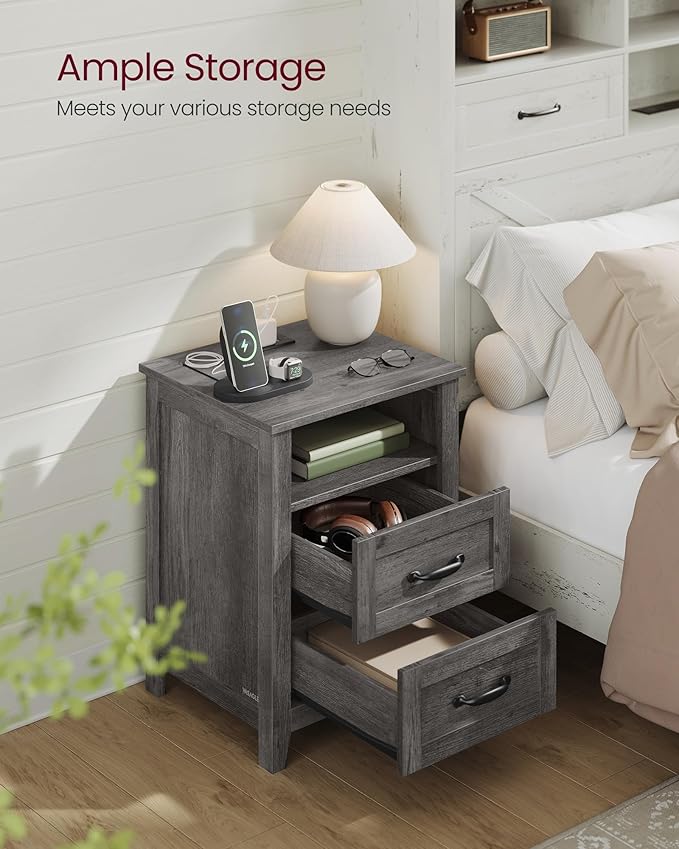 VASAGLE LIRY Collection - Farmhouse Nightstands with Charging Station, Set of 2 Bedside Tables, Side Tables with 2 Drawers, Open Compartment, for Bedroom, Misty Gray ULET869G01