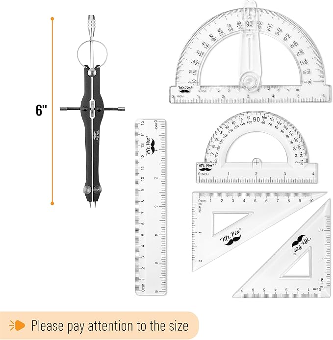 Mr. Pen- Geometry Set, 15 pcs, Black, 6 Inch Swing Arm Protractor, Divider, Set Squares, Ruler, Compasses and Protractor