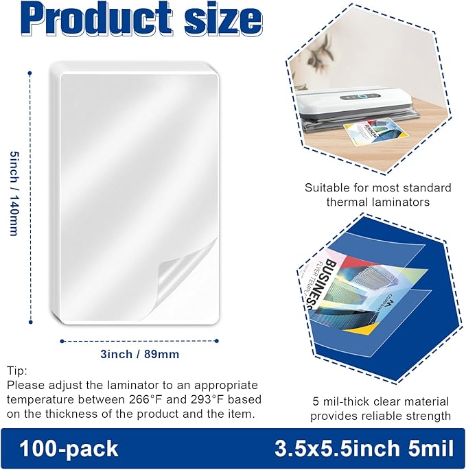 100 Pack 5mil 3“x5" Thermal Laminating Pouches Badge Laminate Pouches Clear Laminated Luggage Tags Laminator Pouches
