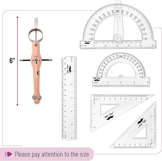 Mr. Pen- Geometry Set, 15 pcs, Rose Gold & Pink, 6 Inch Swing Arm Protractor, Divider, Set Squares, Ruler, Compasses and Protractor
