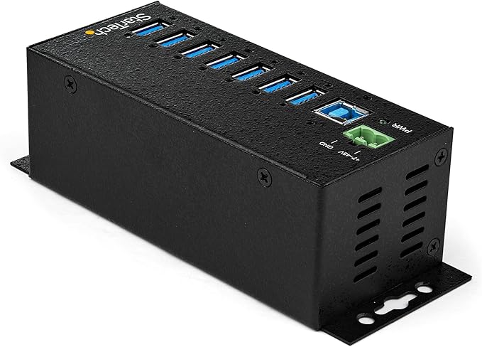 StarTech.com 7-Port USB 3.0 Hub with Power Adapter - Metal Industrial USB-A Hub with ESD & 350W Surge Protection - Din/Wall/Desk Mountable - High Speed USB 3.0 (5Gbps) - Hub , TAA (HB30A7AME)