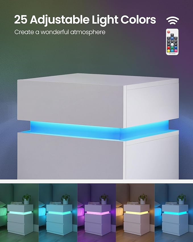 VASAGLE Nightstand with LED Lights, Adjustable Light Colors, Bedside Table, Side Table with 3 Drawers, Modern Style, 13.8 x 15.7 x 21.7 Inches, Cloud White LET630T12