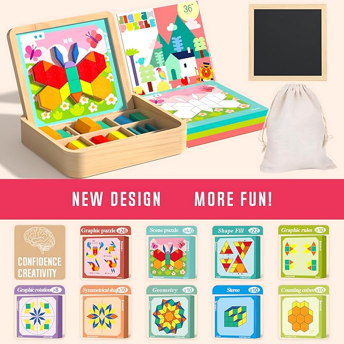 248 Pcs Wooden Magnetic Pattern Block Set with Cards, Pen & Storage Bag, Montessori STEM Tangram Puzzle Toys for Toddlers 4 5 6 7 8, Educational Brain Teaser Gift for Boys Girls
