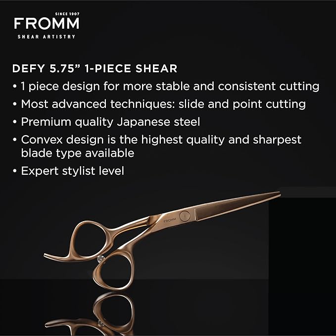 Fromm Professional Defy 5.75" 1-Piece Precision Slide & Point Hair Cutting Shears in Matte Gold Japanese Steel Scissors with Razor Sharp Convex Blade for Expert Salon Stylists