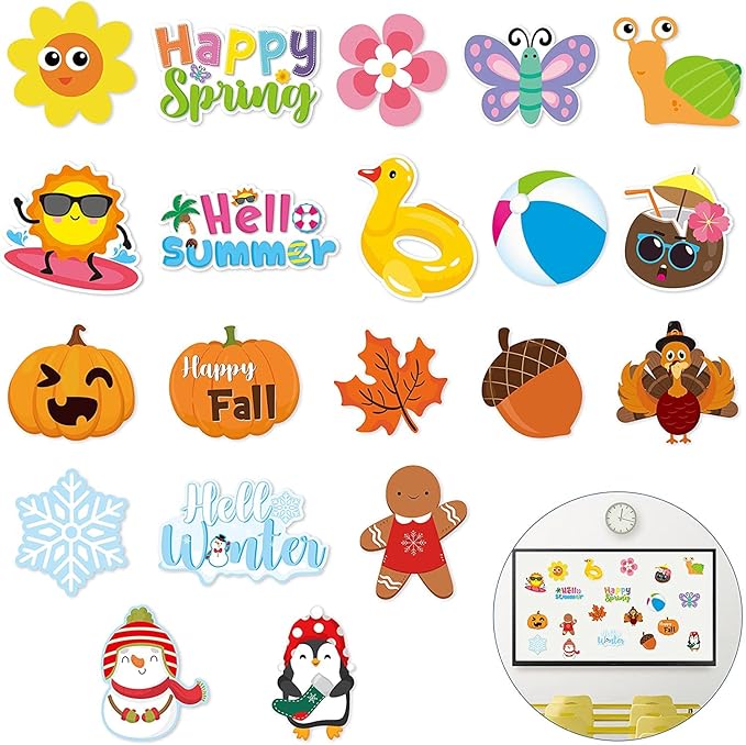 Haooryx Spring Summer Fall Winter Classroom Cutouts Bulletin Board Set - 120Pcs Seasonal Classroom Decoration Paper Cut-Outs Blackboard Border Trim for School Classroom Whiteboard Window Wall Decor