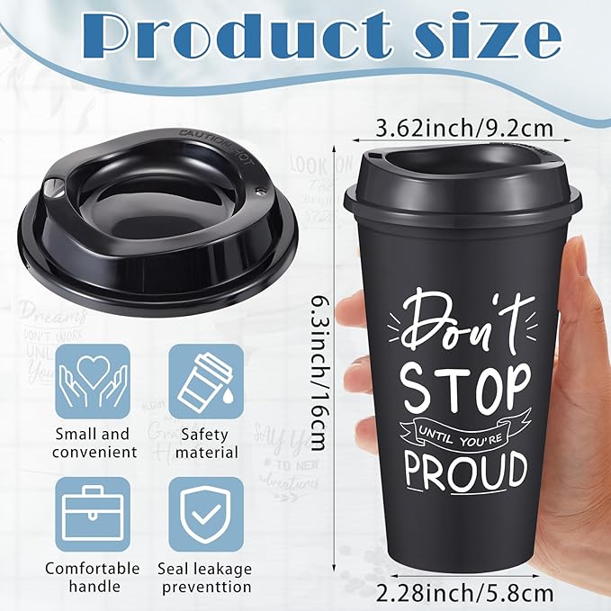 12 Pcs Inspirational Gifts for Employee Coworkers Staff Teammate, 16oz Reusable Plastic Coffee Cups with Positive Sayings, Bundle Gifts for Woman Man Coworker (Black,Inspirational)