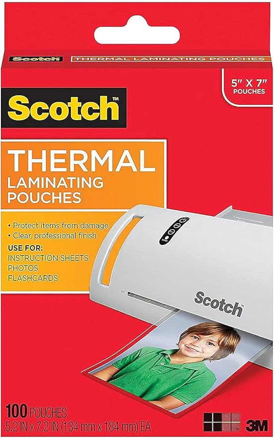 Scotch Thermal Laminating Pouches 5x7-inch, 5 Mil., Clear 100/PK