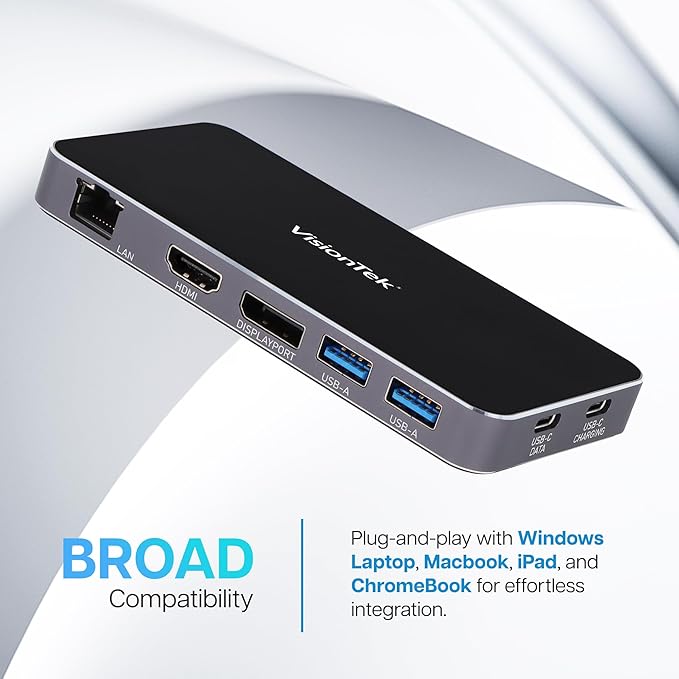 VisionTek VT350 Portable USB-C Dual Monitor Hub - 1x DP, 1x HDMI, 2X USB-A, 1x Ethernet, 1x USB-C for Windows/MacOS/ChromeOS/iOS