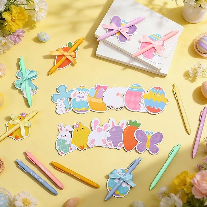 24 Set Easter Sticky Notes and Pens Set Gifts Self Sticky Note and Pens Mini Notepad Cute Memo for Study Office Supplies