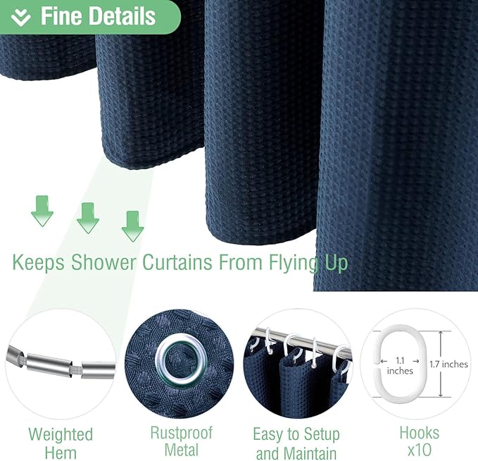Dynamene 60 inch Stall Shower Curtain - Waffle Weave Heavy Duty Thick Fabric Shower Curtains for Bathroom,Weighted Hotel Spa Luxury Cloth Bath Curtain Set with 10 Plastic Hooks,60x72, Navy Blue