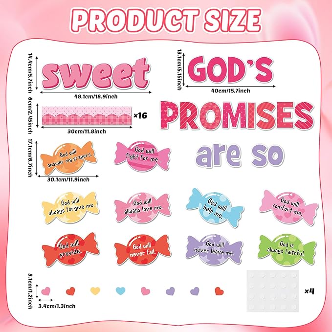 Valentine's Day Sweet Candy Bulletin Board Set Christian Classroom Decorations Valentines Religious God’s Promises Candy Paper Cutouts for Sunday School Church Office Home Chalkboard Wall Door Decor