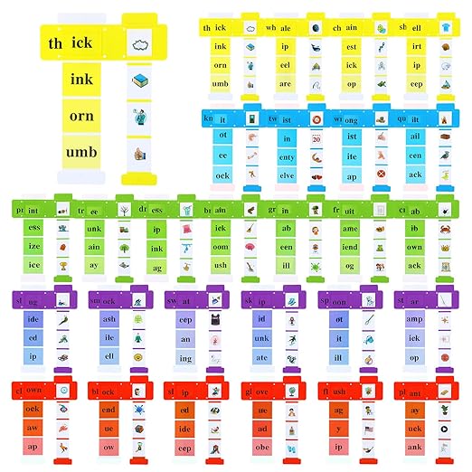 27 Pcs Word Vocabulary Building Sliders with Instruction Card Consonant Blends and Digraphs Phonics Manipulatives Along with VCV Teaching Colorful ELA Learning Essentials to Build Sentences