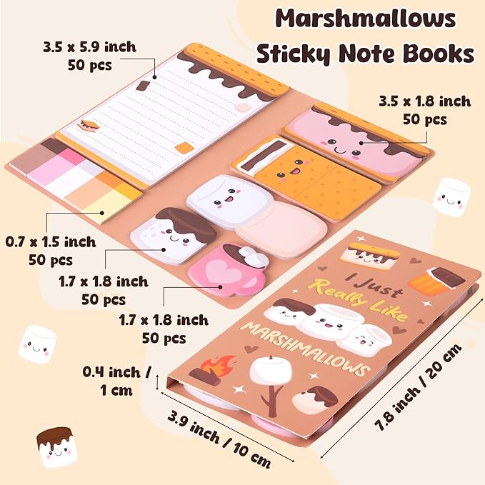 B1ykin Cute Sticky Notes Set - I Just Really Like Marshmallows Self-Stick Notes Pad, 550 Sheets Writing Memo Pages Sticky Notepad for Teacher Appreciation Gifts, School Office Supplies (Marshmallows)