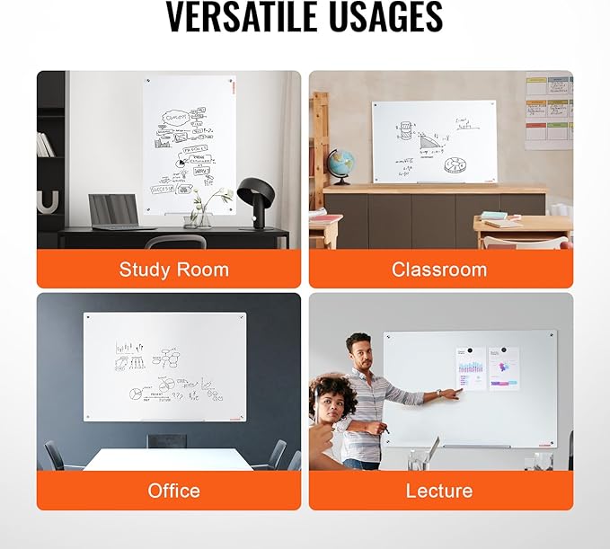 VEVOR Magnetic Glass Writing Board, Erasable 48"x32", Frameless Wall Hanging White Glassboard, Includes Marker Holder, an Eraser, and 2 Writing Pens, White