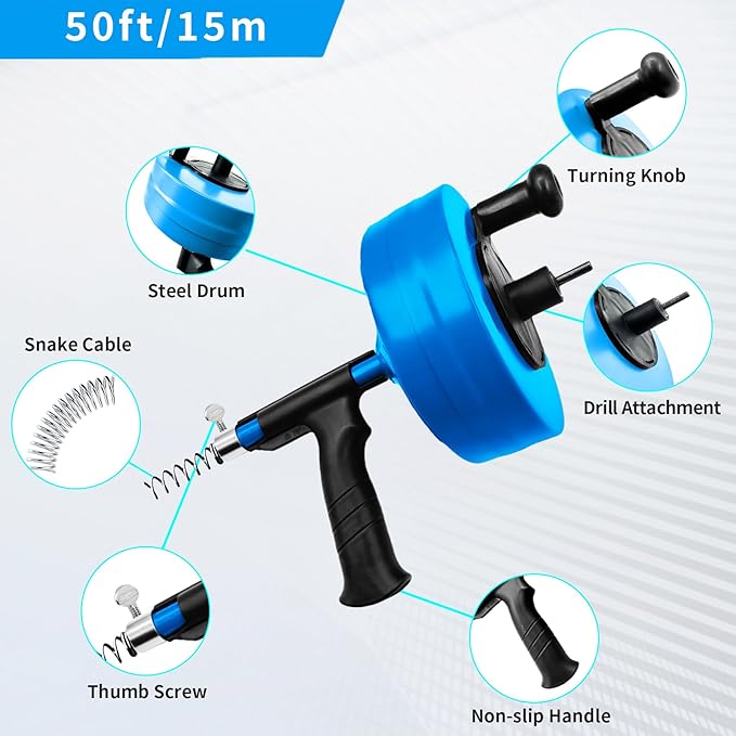 50 Ft Drain Snake, Plumbing Snake with Drill Attachment, Manual & Drill-Powered Drain Auger for Shower, Sink, Bathroom and Kitchen, with Gloves and Storage Bag