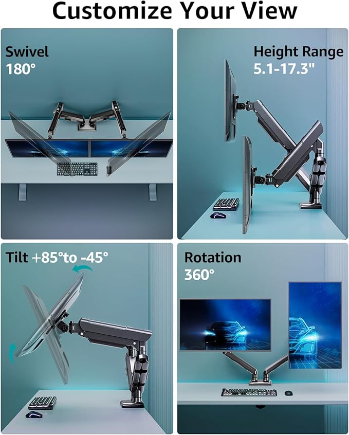 Dual Monitor Desk Mount, 13-32 inch Adjustable Full Motion Monitor Arm, Computer Display Stand Holder with Clamp and Grommet Base, Fits 4.4 to 22lbs Screens, VESA Mount Bracket, Black, Freelift Pro