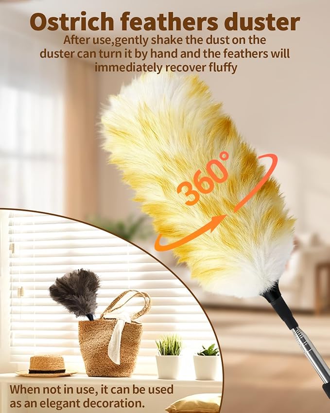 Extendable Ostrich Feather Duster with Bonus Wool Feather Duster Head - Natural Fluffy Non-Slip Handle Feathers Dusters for Cleaning Ceiling Fans, Blinds, Roof Dusting, High Surfaces (18-48 in)