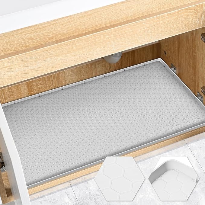 Waterproof Under Sink Mat 31" x 22", Silicone Cabinet Liner, Rubber Protector for Kitchen and Bathroom, Keeps Cabinets Clean, Dry, and Organized (Light Grey)