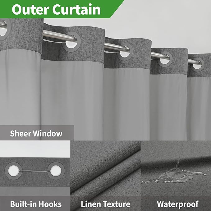 Extra Long No Hooks Needed Linen Textured Shower Curtain with Snap-in Fabric Liner Set,White Hotel Luxury Decor Shower Curtains for Bathroom,Waterproof & Washable,71Wx86H,Charcoal Grey