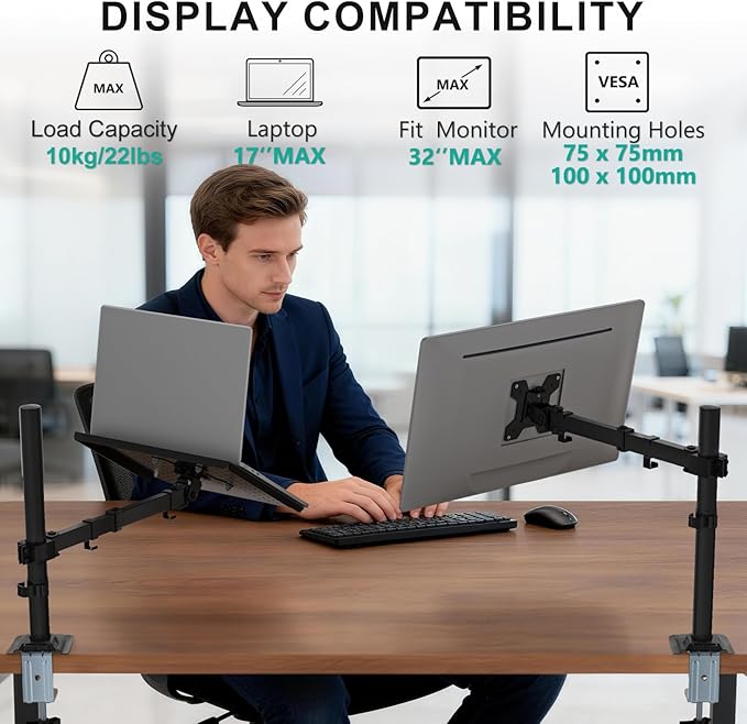 WALI Laptop Tray Desk Mount for 17inch Notebook, Fully Adjustable Laptop Arm up to 22lbs, Monitor Mount with Vented Cooling Platform Stand (M00LP), Black