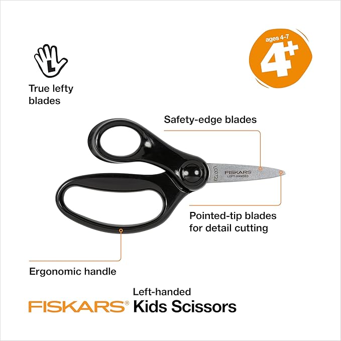 Fiskars 5" Left-Handed Pointed-Tip Scissors for Kids Ages 4-7, Scissors for School or Crafting, Back to School Supplies, Black